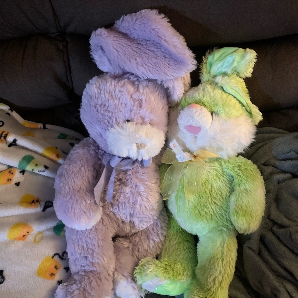 Green and purple bunny plush